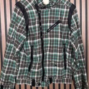 Diesel Biker Jacket Medium Mens Green Brown Plaid Y2K Packable Hoodie Motorcycle